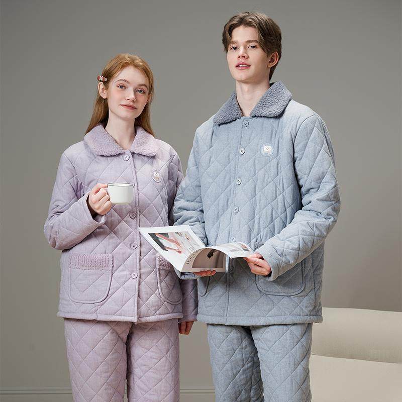 美标新款三层加厚夹棉情侣睡衣套装女秋冬纯棉全棉质卡通家居服男,淘宝优惠券,粉丝福利购,淘宝优惠卷