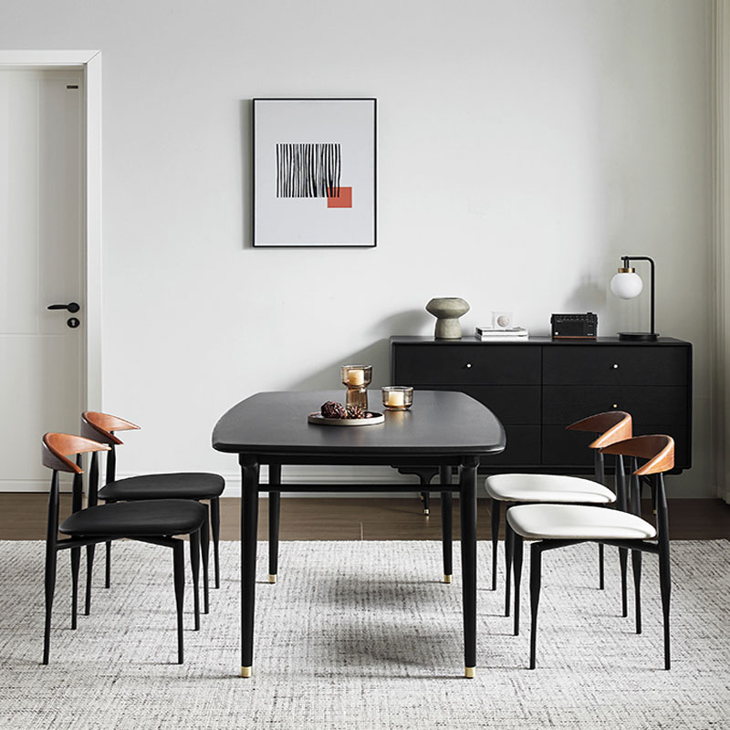北欧轻奢复古黑橡木餐桌椅组合家用小户型长方形饭桌表情办公书桌