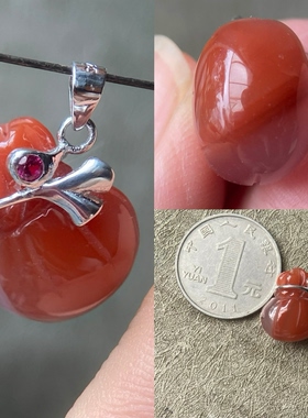 四川凉山南红玛瑙柿子红如意钱袋福袋小雕刻项坠吊坠925银镶嵌