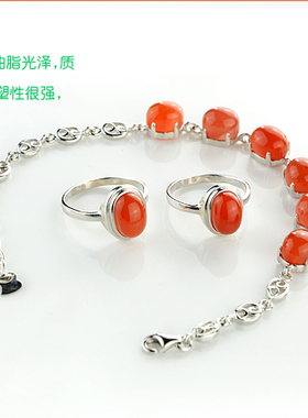 樱桃红玉石玛瑙镶嵌纯银组合手链