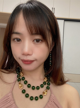 予 377 复古镀真金保色祖母绿琉璃耳环螺丝耳夹手链双层项链 包邮