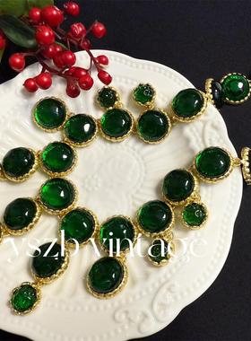予 1964 复古Vintage宫廷风重工夸张镀真金祖母绿琉璃流苏项链