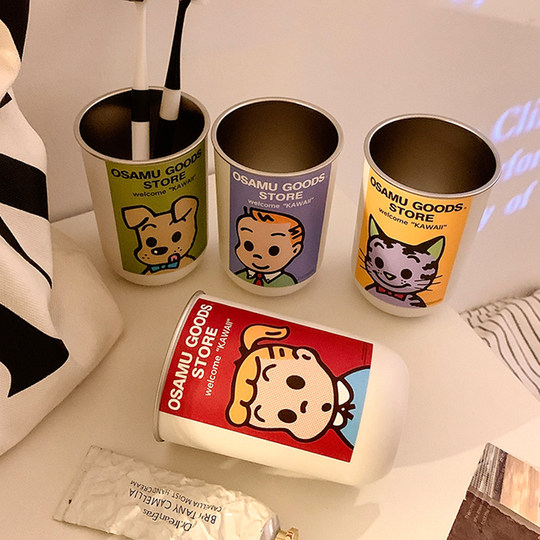 Cute couple brushing teeth and mouthwash cup, stainless steel wash cup, household toothbrush cup, high-looking dental cylinder, travel portable