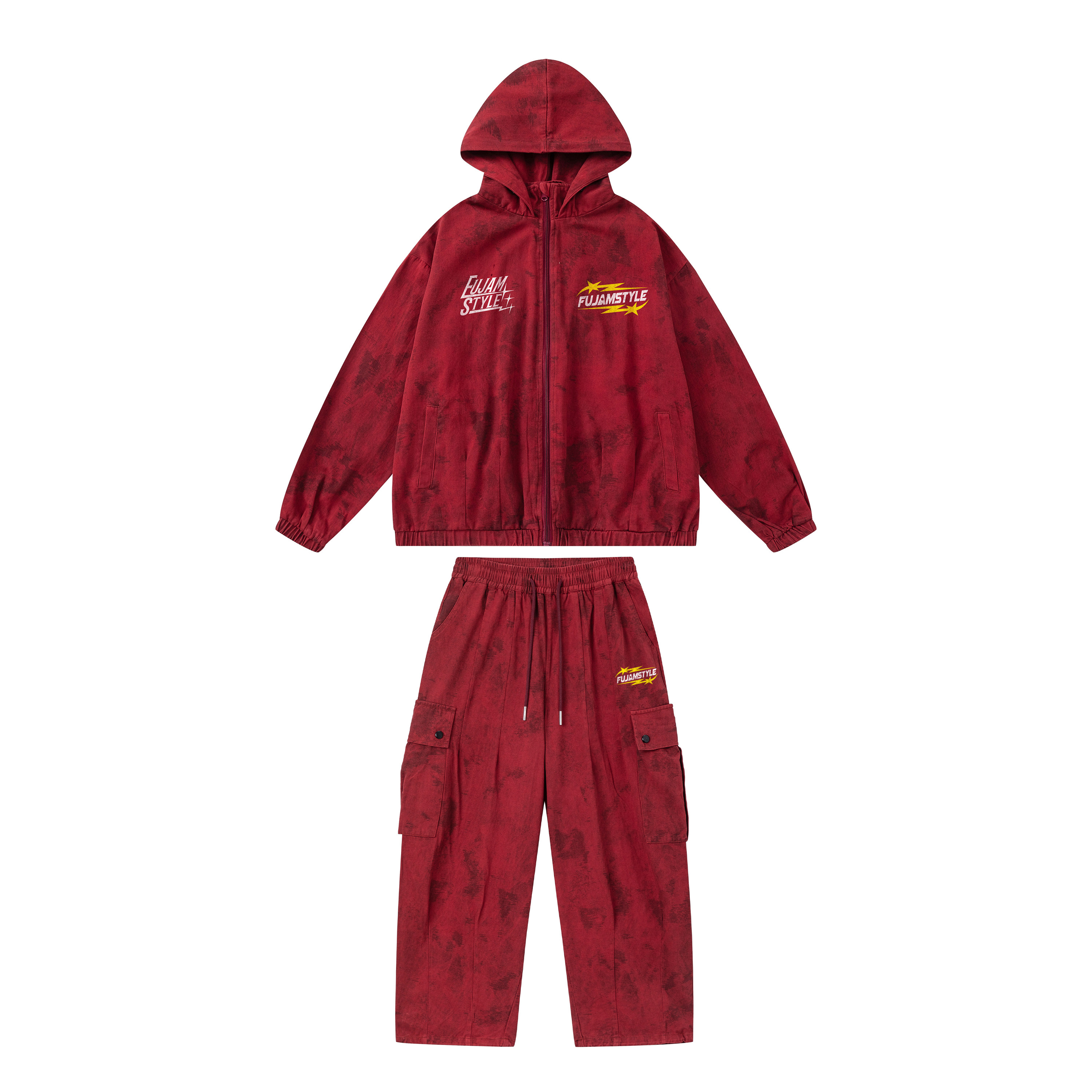 FUJAM儿童街舞潮牌复古水洗工装裤红色套装少儿hiphop潮酷演出服,淘宝优惠券,粉丝福利购,淘宝优惠卷