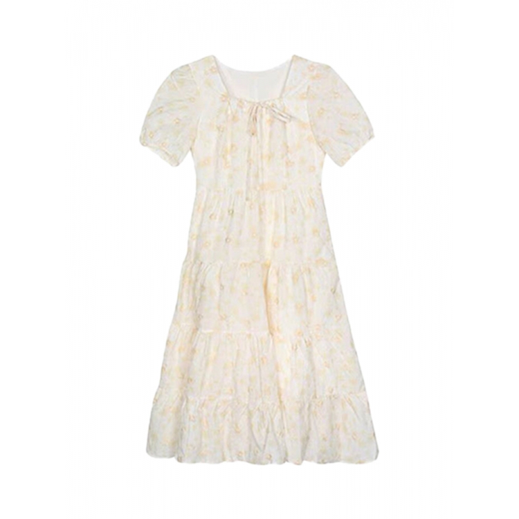 方领泡泡袖碎花连衣裙2025新款女夏收腰法式温柔风茶歇桔梗长裙子 - 图3