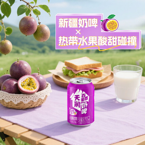 【新品】天润新疆特产百香果风味奶啤发酵乳酸菌饮品300ml*12罐 - 图1