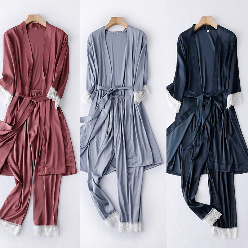 性感冰丝吊带春秋三件套丝绸士睡裙 简汀绮睡衣/家居服套装