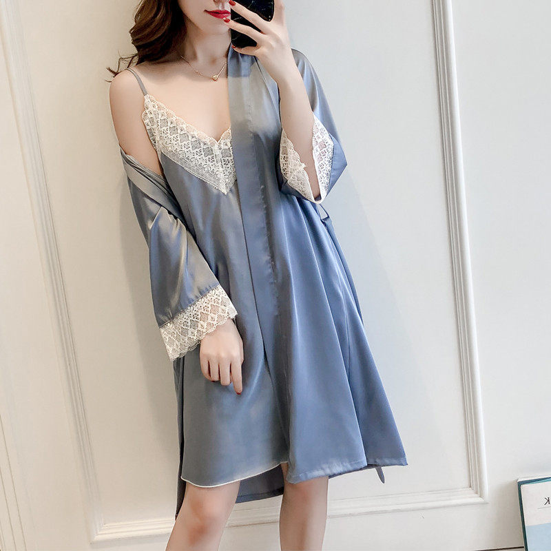 性感冰丝吊带春秋三件套丝绸士睡裙 简汀绮睡衣/家居服套装