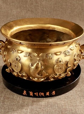 黄铜工艺品家居招财摆件五路财神仿古聚宝盆开业乔迁礼品聚宝盆