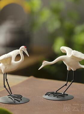 高档创意陶瓷鸿运当仙鹤动物山盆景假造景头客厅茶桌白鹤装白瓷摆