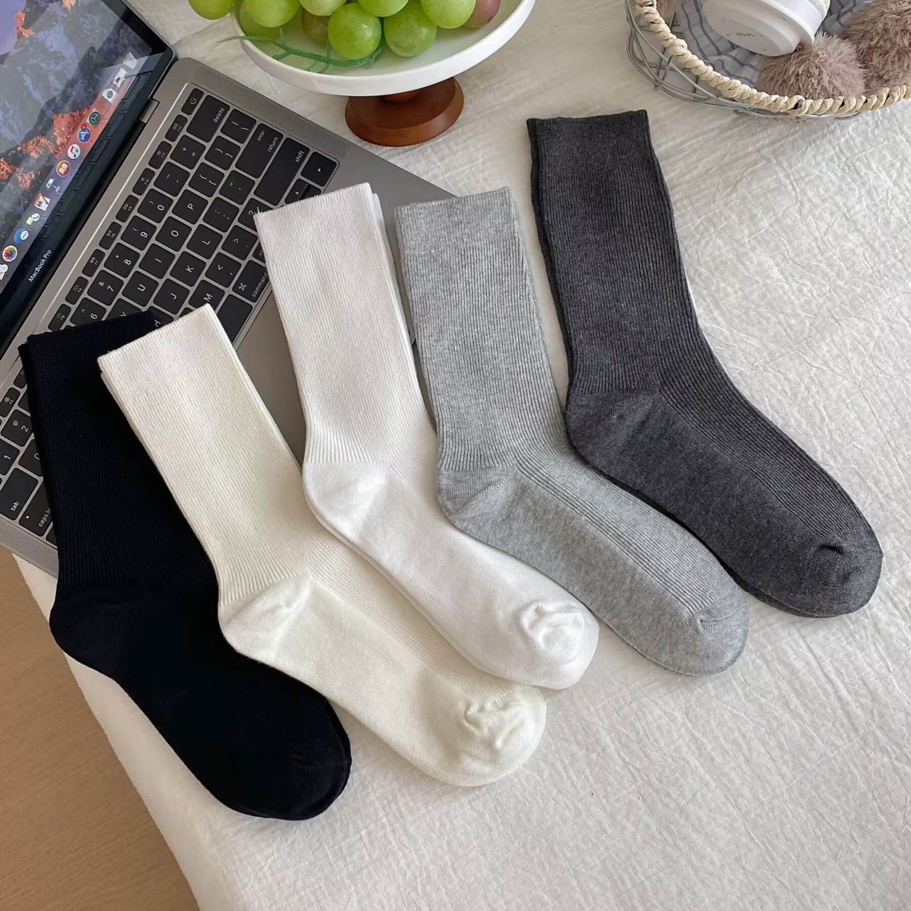 灰色袜子女中筒纯棉夏季堆堆袜日系春秋韩版学院风长筒袜配运动鞋 - 图0