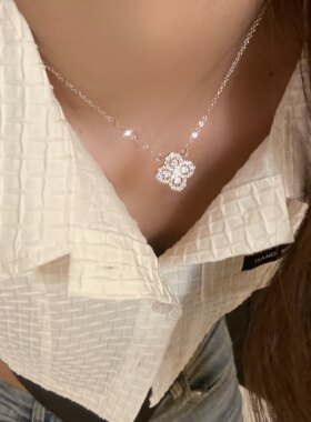 满钻四叶草大牌闪钻银色项链耳钉