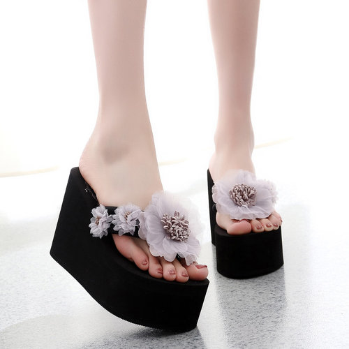 社会女高跟拖鞋女夏花朵新款时尚沙滩网红同款厚底凉拖外穿人字拖 - 图1