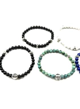 匠银JY 925纯银6mm三银饰骷髅foit十字绿松石潮流银饰手链手串