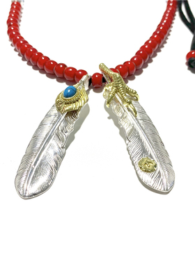 匠银JY 925纯银绿松石鹰抓点金羽毛吊坠鹿皮绳情侣银饰项链