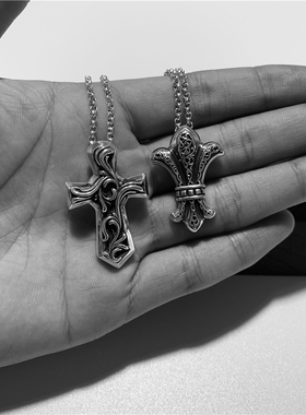 匠银JY 925纯银2MM圆珠环链乌干巴十字架童军花鸢尾花吊坠项链