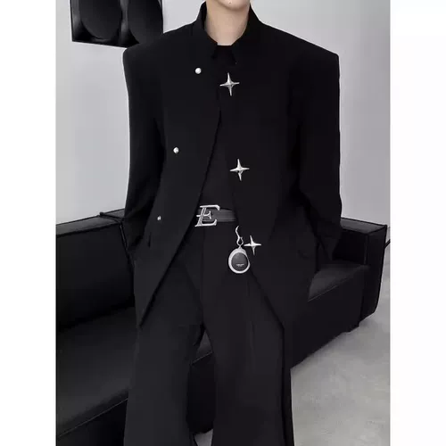 Мужской дизайнерский костюм, металлические наплечники, куртка, комплект, китайский стиль, тренд сезона