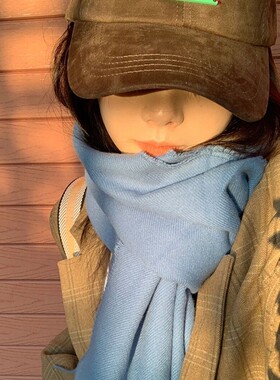海蓝色显白贴布保暖围巾女秋冬韩版百搭两用披肩纯色仿羊绒围脖潮