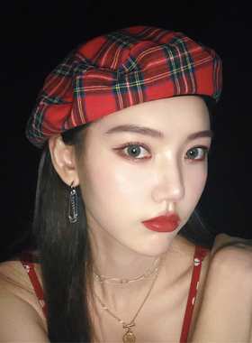 网红韩国格纹英伦复古风南瓜帽