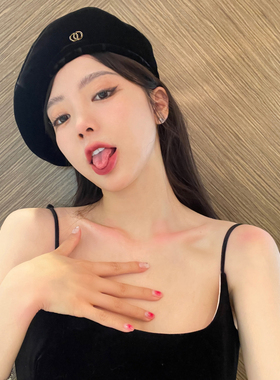 帽子女春夏秋冬新款黑色丝绒啾啾