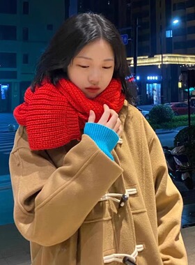 红色洋气喜庆围巾女秋冬季加厚保暖抗寒节日围脖披肩显脸白