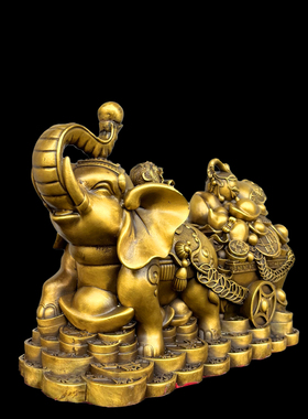 纯铜大象拉元宝摆件象拉车