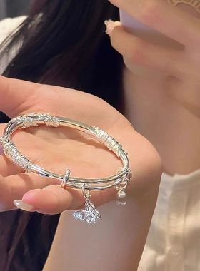 足银花苞蝴蝶繁花似锦手镯女款推拉手镯送闺蜜生日礼物送情侣礼物