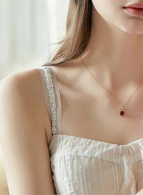 日本18K金红玉髓蝴蝶结项链 女复古红宝石锁骨链纯银钻石新年礼物