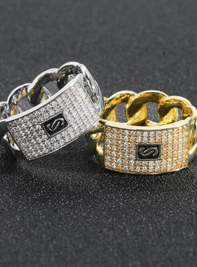 个性时尚嘻哈几何锆石戒指14K金满钻古巴链条设计感潮人指环