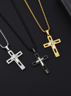 新款珍珠链镂空十字架欧美小众潮酷潮流个性十字架不锈钢吊坠