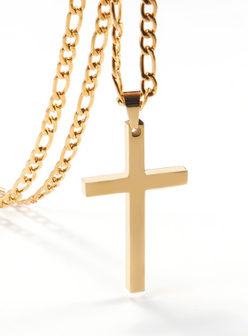 项链不锈钢男士光面吊坠十字架项链18K镀金保色钛钢项链