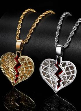 嘻哈饰品铜镶锆石爱心吊坠潮牌个性男女情侣心碎吊坠项链
