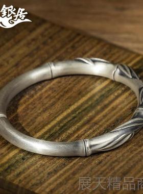 正品复祥银居手工制作银条古竹节手镯足.传圆家