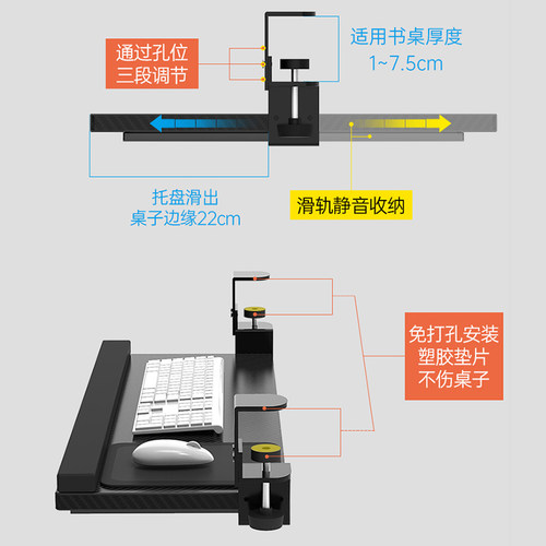 键盘托架免打孔键盘架滑轨电脑桌下抽屉加装托盘桌面伸缩鼠标支架 - 图2