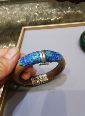 景泰蓝手镯女款纯银镶玛瑙崖柏木烧蓝珐琅彩开口复古高档礼物镯子