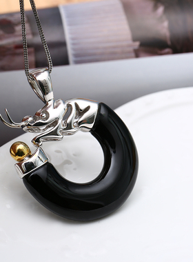 个性男士黑色纯银玛瑙项链