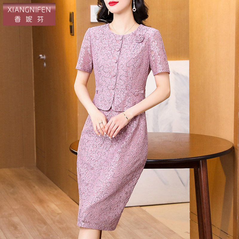 香妮芬圆领短袖气质妈妈蕾丝连衣裙女2025夏季新款减龄小个子长裙