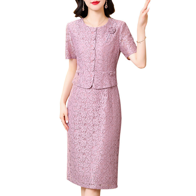 香妮芬圆领短袖气质妈妈蕾丝连衣裙女2025夏季新款减龄小个子长裙