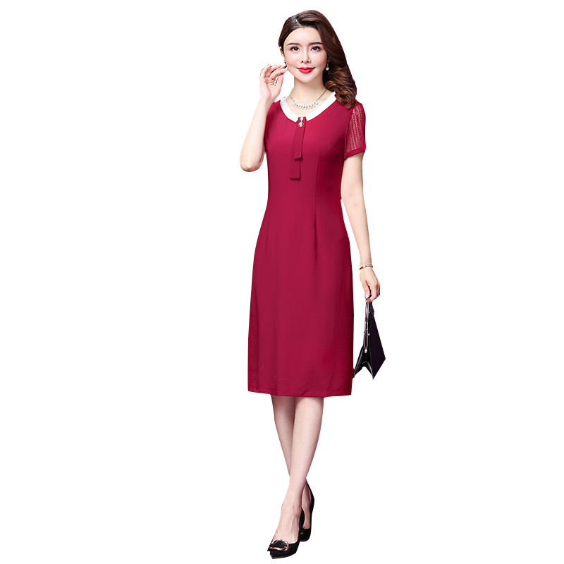 香妮芬夏季新款短袖中年妈妈连衣裙喜庆红色雪纺裙子女大码装