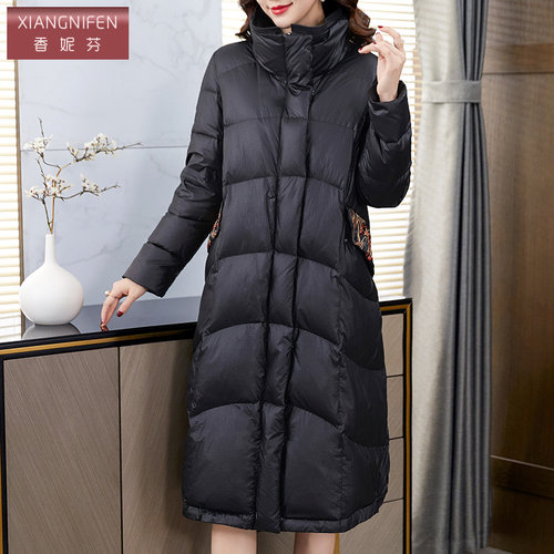 复古高端精致中国风刺绣白鸭绒羽绒服女2025新款冬中长款保暖加厚 - 图0