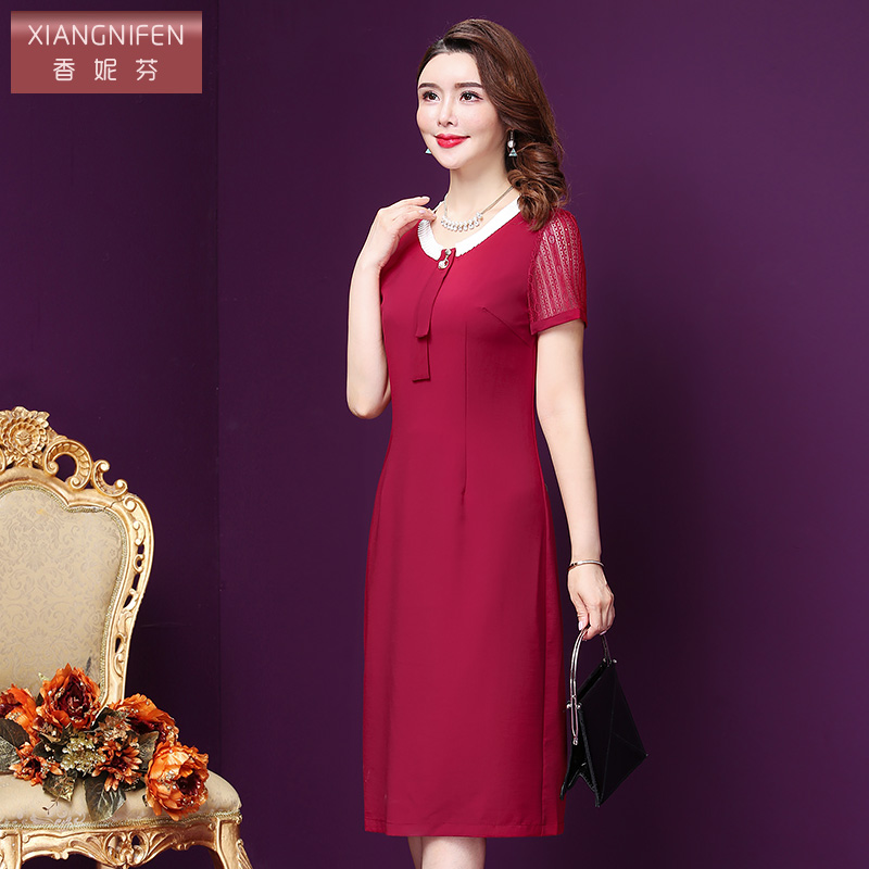 香妮芬夏季新款短袖中年妈妈连衣裙喜庆红色雪纺裙子女大码装,淘宝优惠券,粉丝福利购,淘宝优惠卷