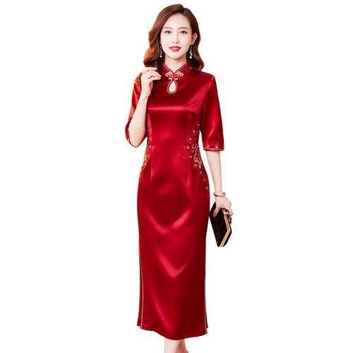 香妮芬高端醋酸妈妈婚宴礼服连衣裙2026夏季新喜婆婆精致气质旗袍 - 图3