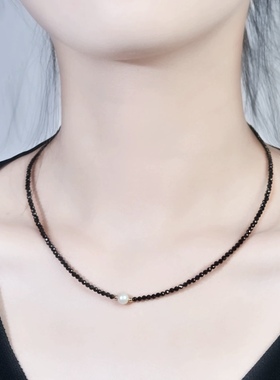 极简设计925纯银ins同款原创定制黑色天然黑尖晶复古choker锁骨链