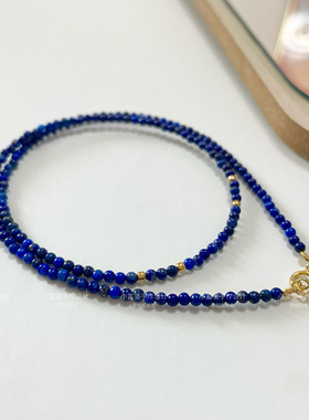 小众设计青金石蓝色水晶圆珠银子拼接锁骨项链 S925纯银彩石颈链