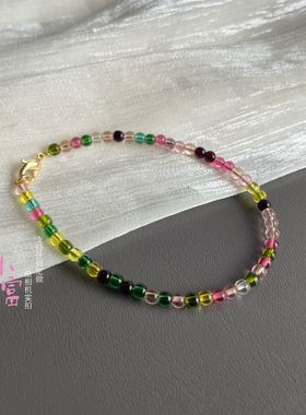3mm夏季多巴胺彩虹糖果色圆珠东海施家水晶仿碧玺手链轻奢感极感