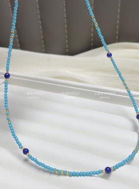 轻奢2mm极细锁骨链 天然青金石蓝绿松石色女国风项链小米珠串珠