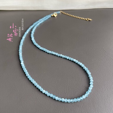 蓝色猫眼石刻面锁骨链天河石海蓝宝色系薄荷绿女款百搭显白长颈链