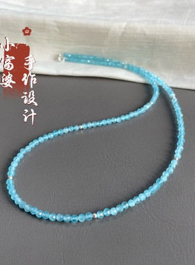小富婆原创 夏季小清新蓝色猫眼石项链简约极细宝石串珠锁骨链女