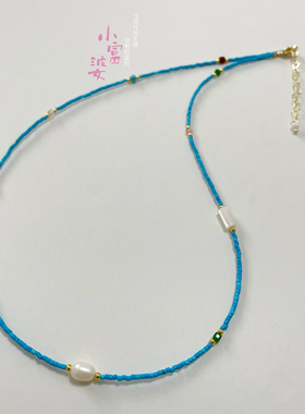 原创新中式蓝绿松石极细小管珠国风项链菱镁矿小众半遮月锁骨链