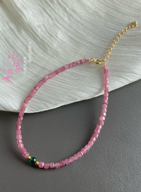 天然粉碧玺方糖手链绿尖晶刻面少女闺蜜新中式国风显白手串闪亮